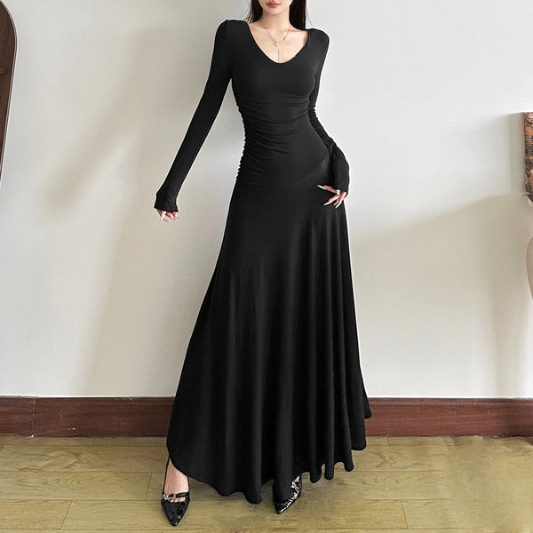 Long sleeve v neck solid maxi dress