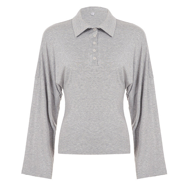 Long sleeve turnover collar button solid top