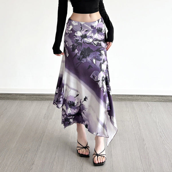 Irregular flowe print contrast maxi skirt