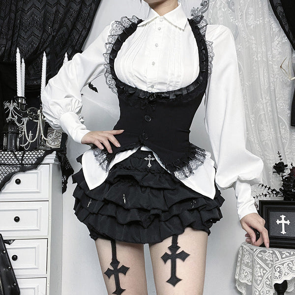 Halter lace hem button backless top