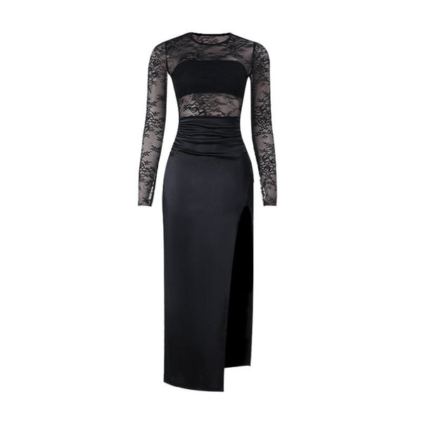 Crewneck lace long sleeve slit irregular maxi dress