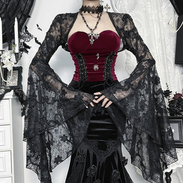 Long flared sleeve lace see through shrug top