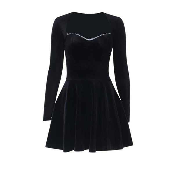 Long sleeve v neck lace hem velvet mini dress