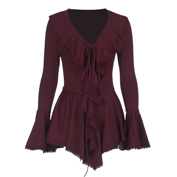Long flared sleeve ruffle v neck self tie mini dress