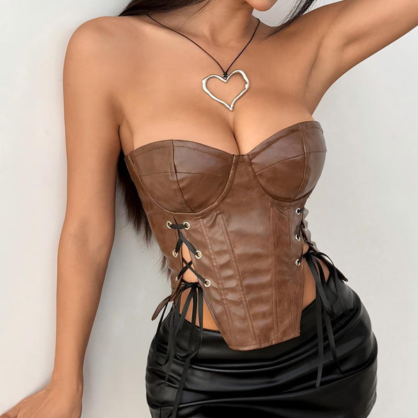 Sweetheart neck self tie corset PU leather tube top
