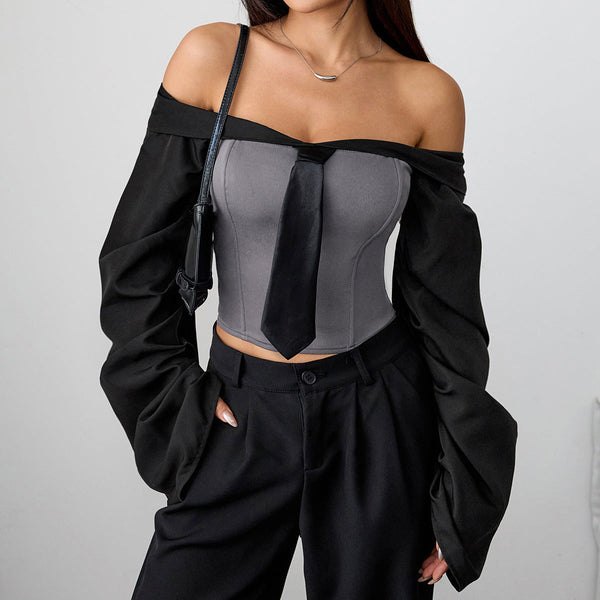 Off shoulder long sleeve zip-up ruched top
