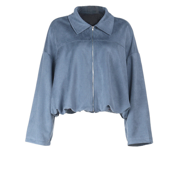 Turnover collar long sleeve zip-up solid top