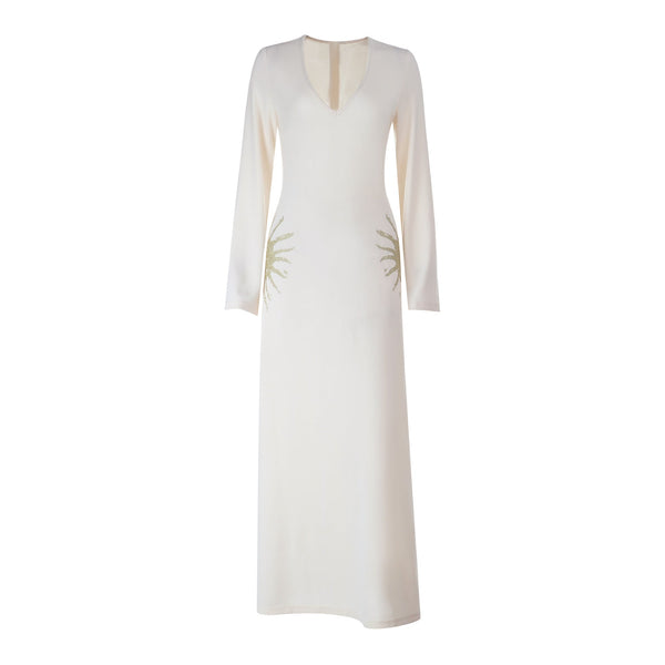 Long sleeve v neck zip-up self tie maxi dress