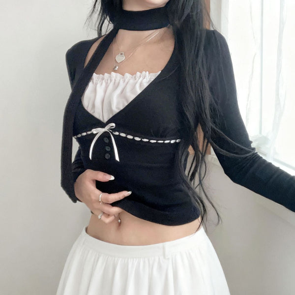Long sleeve square neck ruched bowknot top
