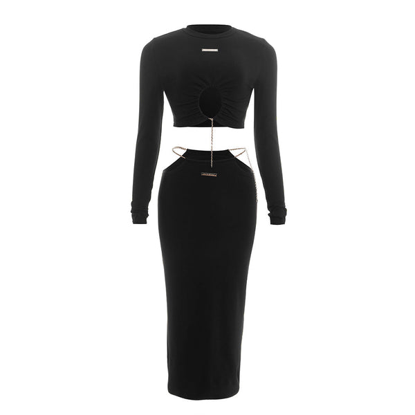 Long sleeve crewneck metal tag maxi skirt set