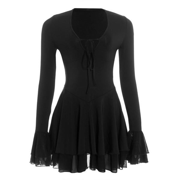 V neck self tie long flared sleeve mini dress