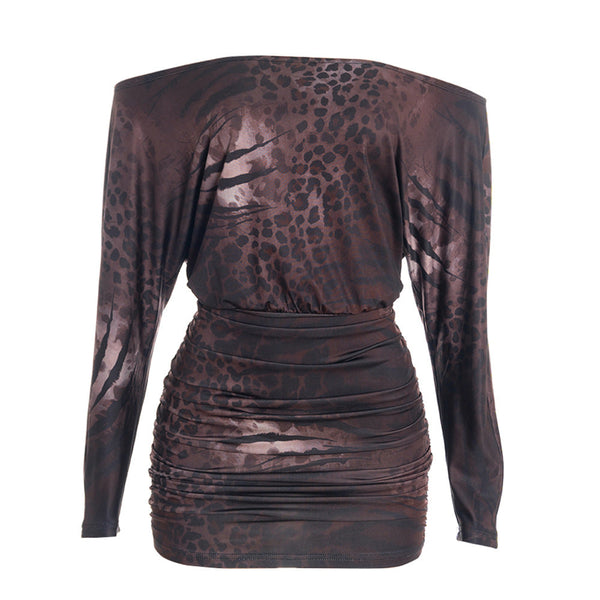 Off shoulder leopard print ruched mini dress