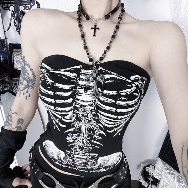 Skeleton print backless tube top