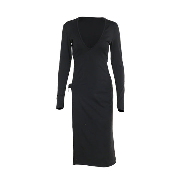 V neck long sleeve high slit o ring midi dress