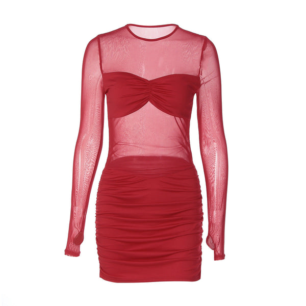 Long sleeve crewneck mesh ruched mini dress