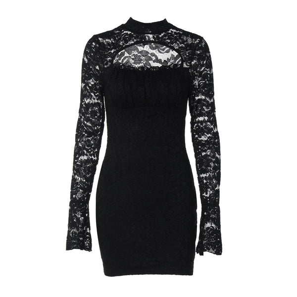 Long sleeve lace hollow out button mini dress