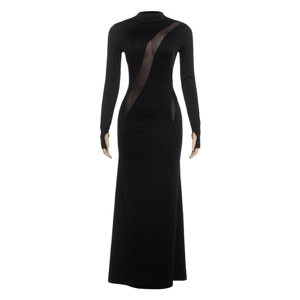 High neck long sleeve mesh patchwork maxi dress