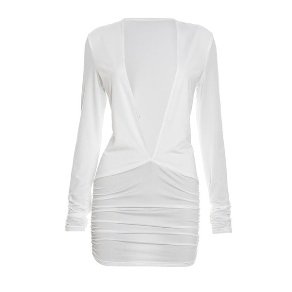 Ruched deep v neck long sleeve solid mini dress