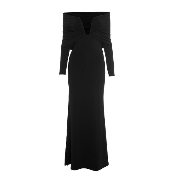 Off shoulder long sleeve ruched slit maxi dress