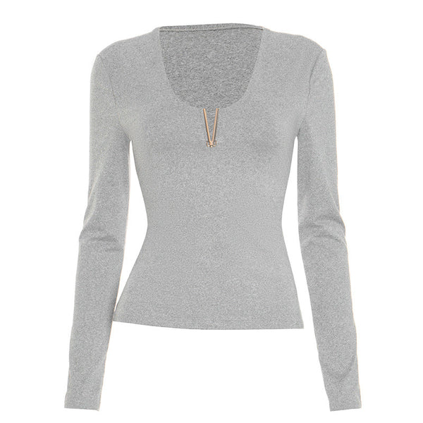 Long sleeve solid v neck top