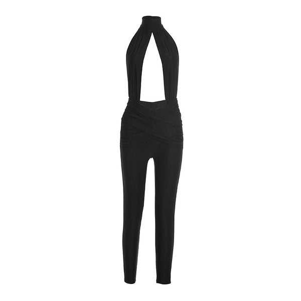 Halter hollow out ruched backless jumpsuit