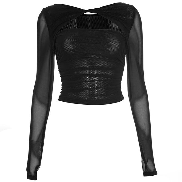 Sheer mesh long sleeve hollow out ruched top