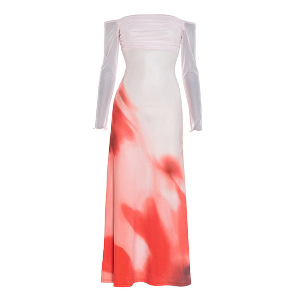 Off shoulder long sleeve print ruched maxi dress