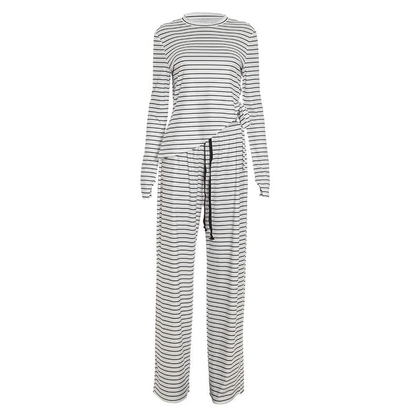 Striped long sleeve crewneck drawstring pant set