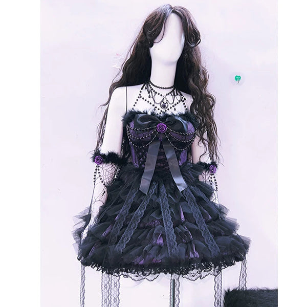 Bowknot mesh ruffle fluffy gloves mini dress