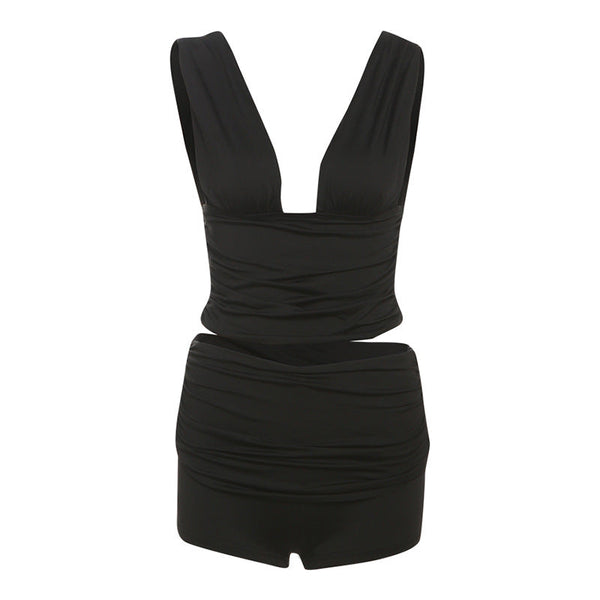 V neck ruched solid short pant set