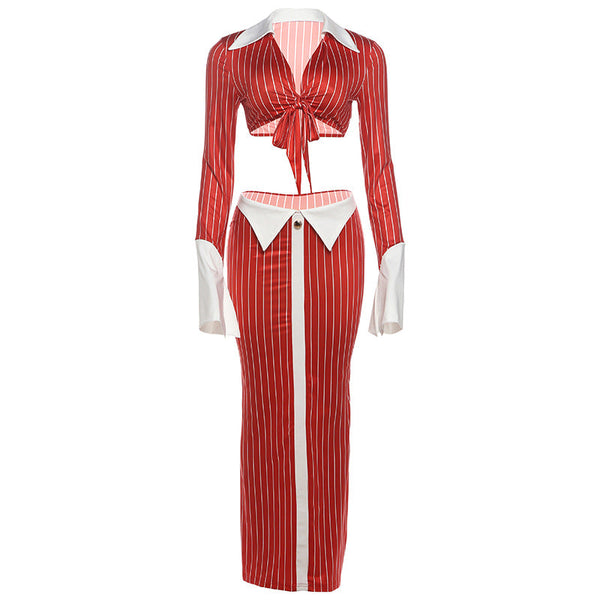 Long sleeve turnover collar striped print maxi skirt set