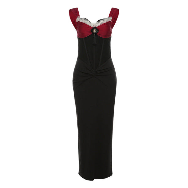 V neck lace hem corset ruched maxi dress