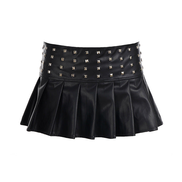 Pleated rivet PU leather mini skirt