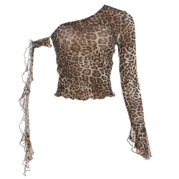 One shoulder leopard print ruffle mesh top