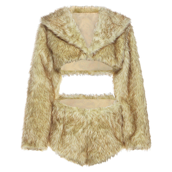 Long sleeve hoodie fluffy crop short pant set