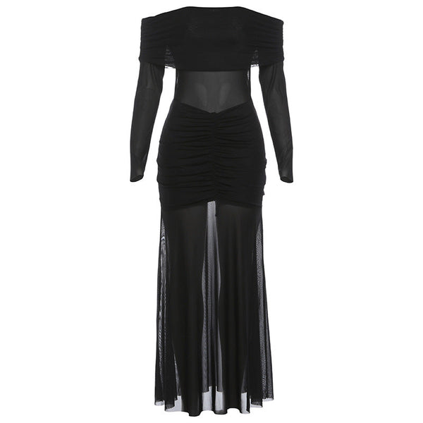 Off shoulder mesh patchwork long sleeve ruched maxi dress