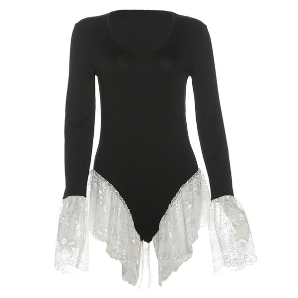Long sleeve crewneck lace hem bodysuit