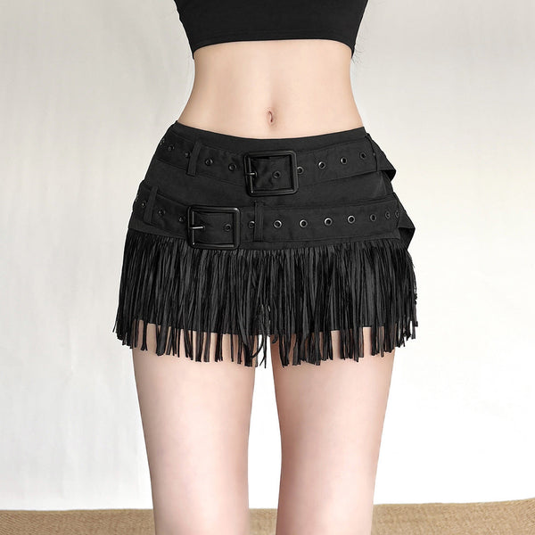Buckle tassels solid mini skirt