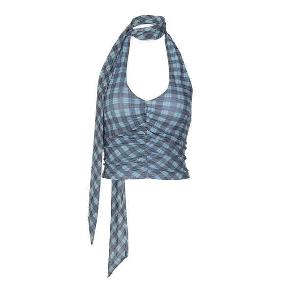 Halter u neck plaid ruched backless top