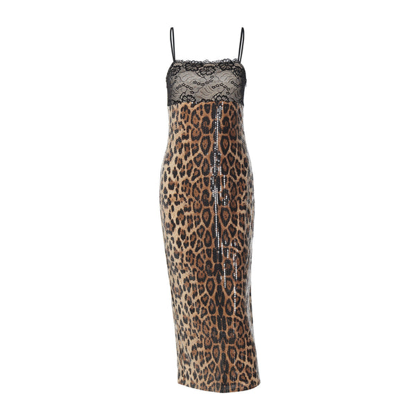 Leopard print glitter slit lace cami midi dress