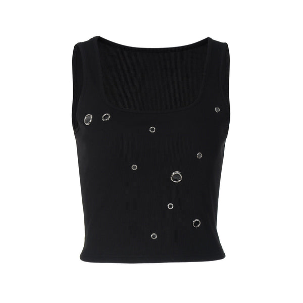 Ribbed square neck hollow out solid tank top