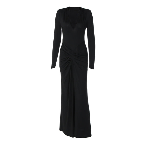 Long sleeve v neck lace hem ruched maxi dress