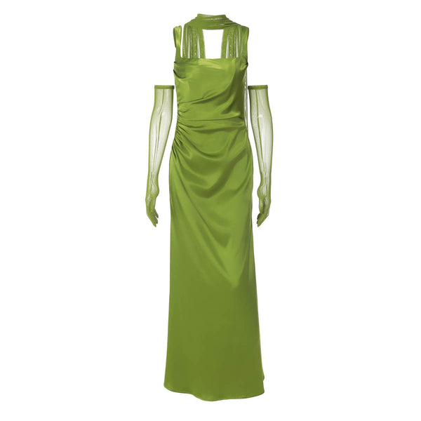 Square neck gloves ruched cami maxi dress