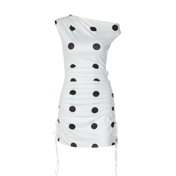 Off shoulder polka dot drawstring mini dress