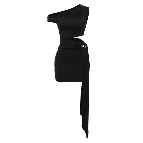 One shoulder hollow out solid mini dress