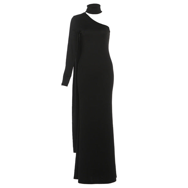 High neck one shoulder solid maxi dress