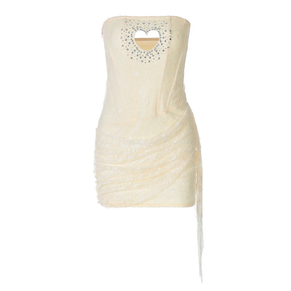 Hollow out beaded lace irregular tube mini dress