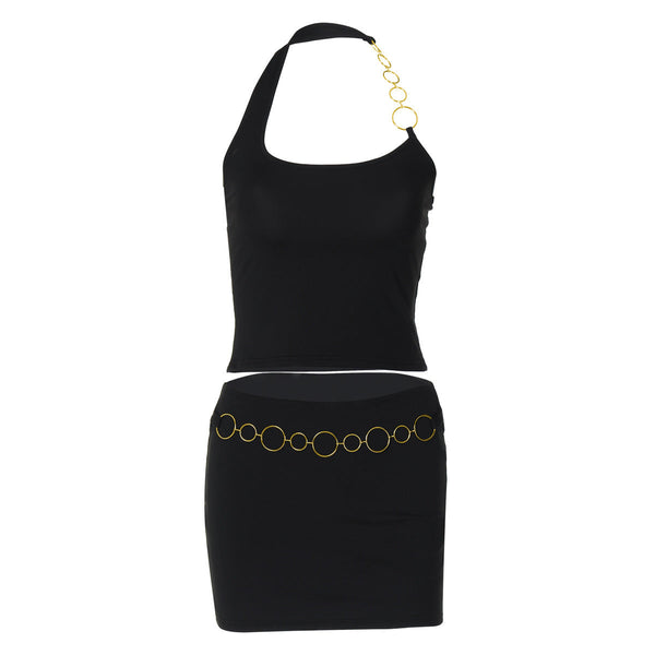Halter metal chain u neck solid mini skirt set