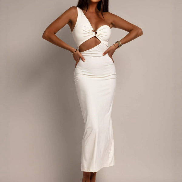 One shoulder hollow out ruched irregular maxi dress
