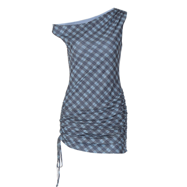 Plaid ruched drawstring irregular mini dress